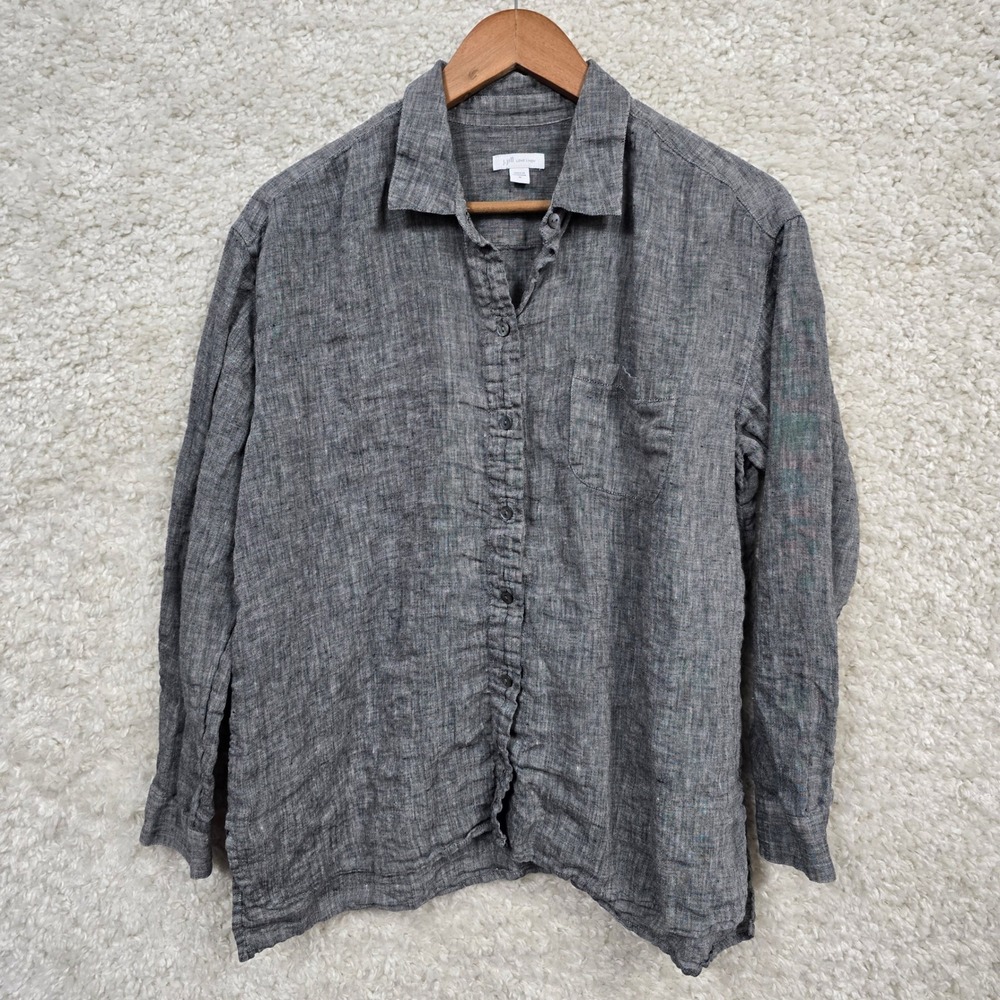 J.Jill Love Linen Shirt Women Medium Grey 100% Linen Button‎ Down Relaxed Boho